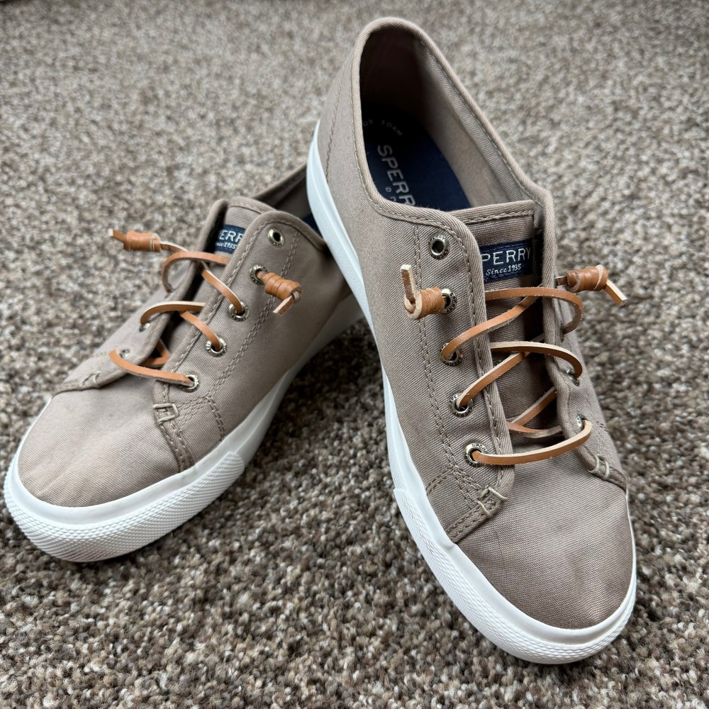 Sperry Crest Vibe Women Taupe Canvas Platform Slip On Sneakers Size 9.5